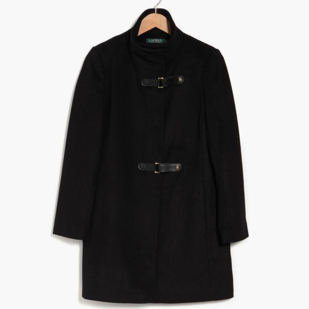 Lauren Ralph Lauren Wool Stand Collar Tab Closure Coat Black SZ 14